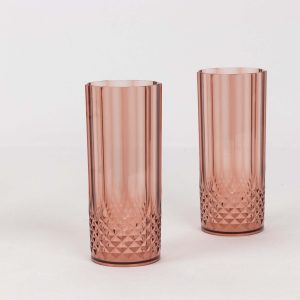 6-Pack Transparent Plastic Highball Drink Glasses 14oz, Crystal Cut Style Dusty Rose - Shatterproof Tall Cocktail Tumblers
